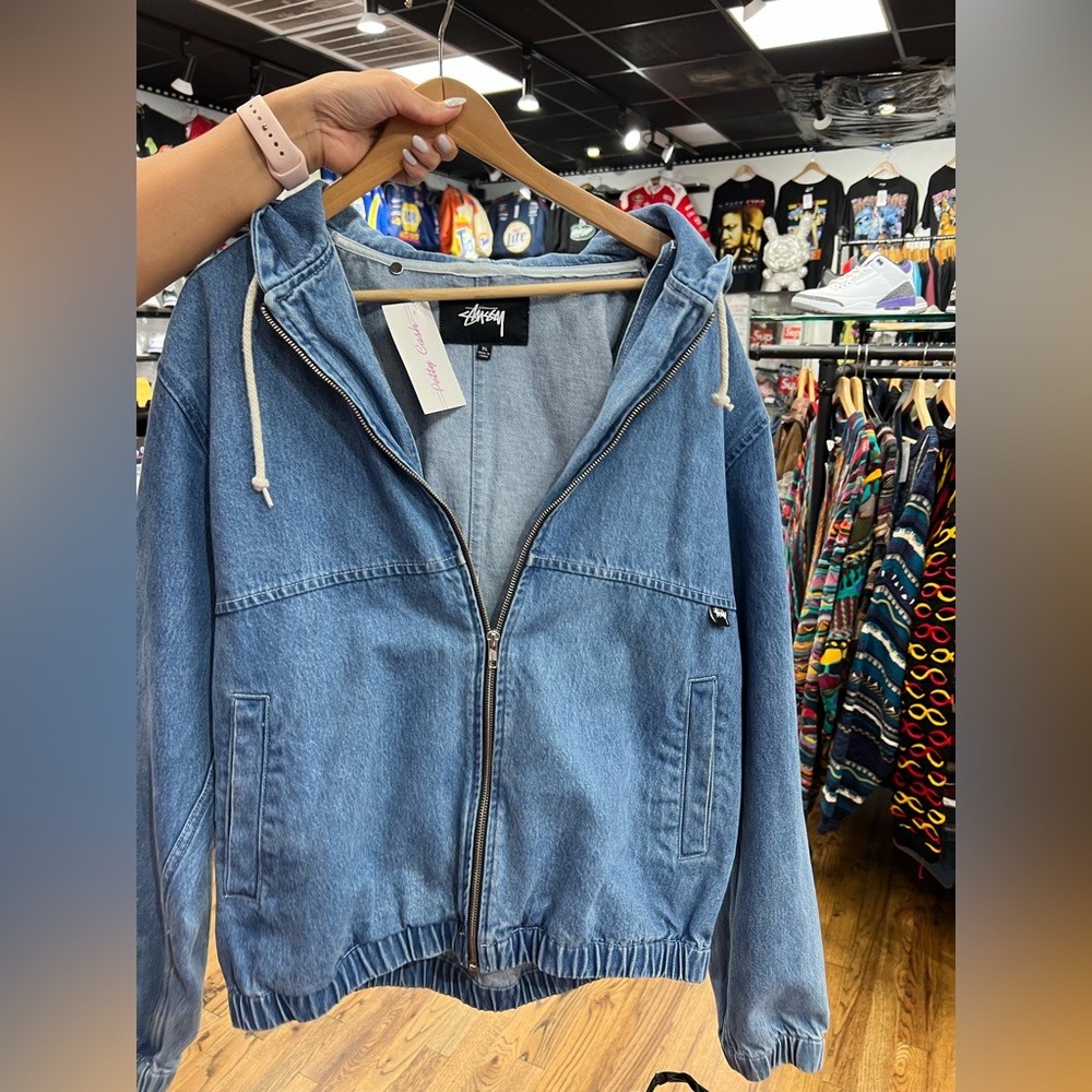 stussy hooded denim jacket w zipper